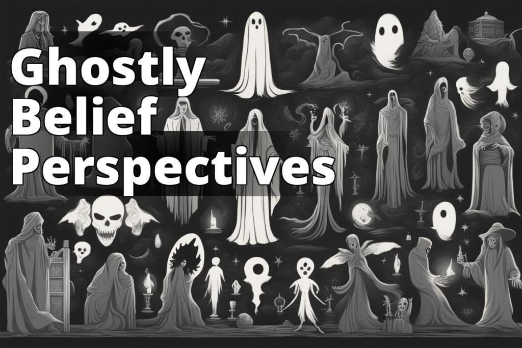 A dark and eerie illustration featuring silhouettes of various types of ghosts and spirits