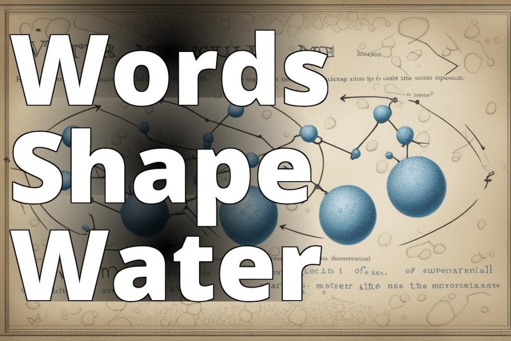 A close-up image of water molecules under a microscope with words written on a piece of paper placed
