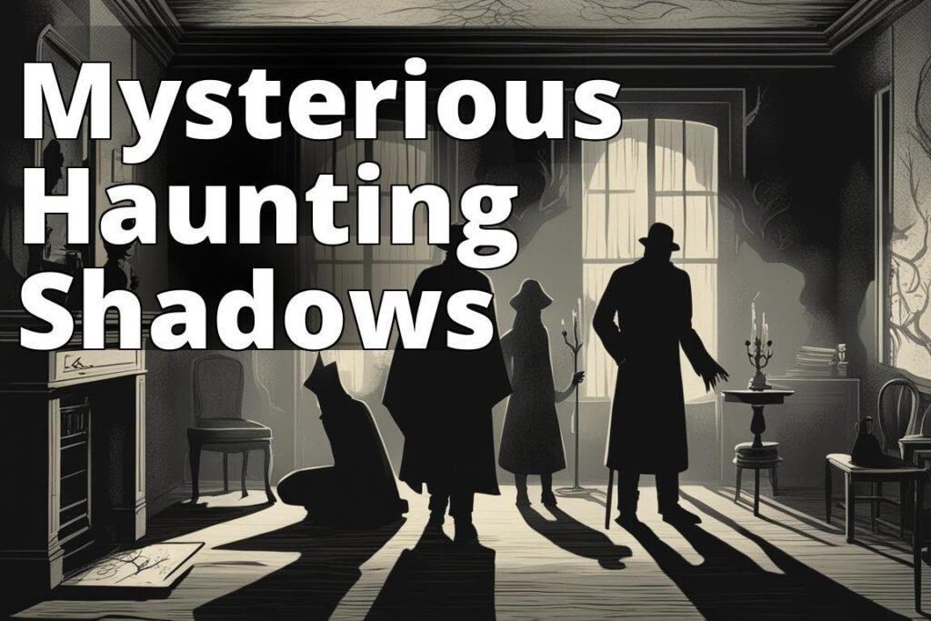 A spooky and atmospheric image featuring silhouettes of shadowy figures lurking in a dimly lit room