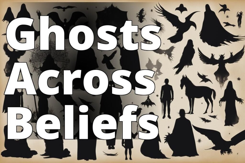 An eerie and mysterious collage featuring silhouettes of various types of ghosts and spirits such as