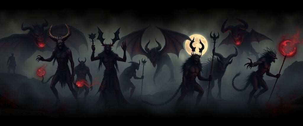 A dark and atmospheric illustration featuring a collage of the ten demons mentioned