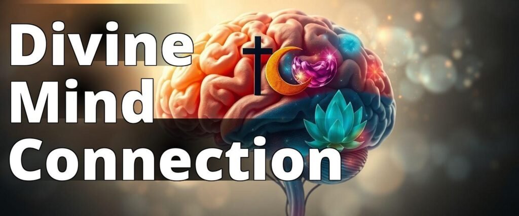 An abstract representation of a human brain intertwined with symbols of various religious faiths